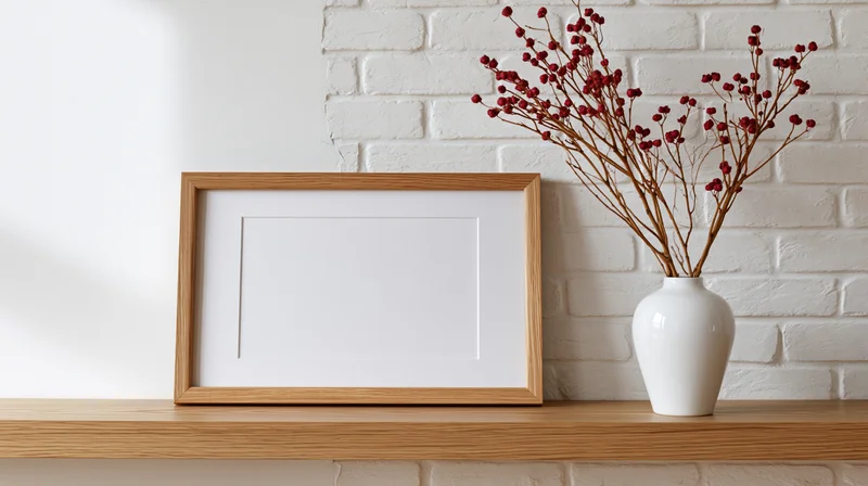 Wooden frame with white mat leaning on shelf beside white vase holding red dried flowers against brick wall