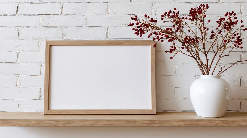 Wooden frame with white mat leaning on shelf beside white vase holding dried red berries against white brick wall