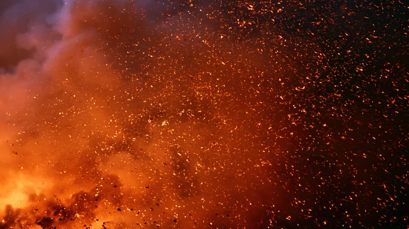 Glowing fire embers and sparks drifting upward in dark smoke-filled air