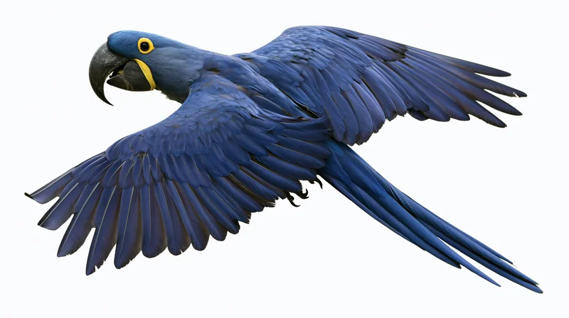 Hyacinth macaw in mid-flight with wings fully spread isolated on white background