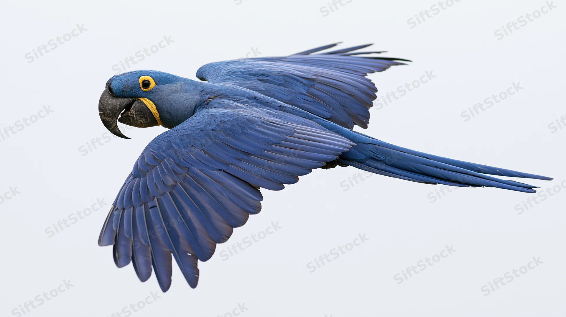 Hyacinth macaw in mid-flight with wings fully spread isolated on white background