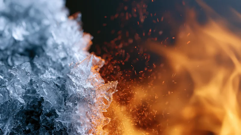 Ice crystals and jagged frost formations meeting flames and sparks in a close-up contrast of cold and heat