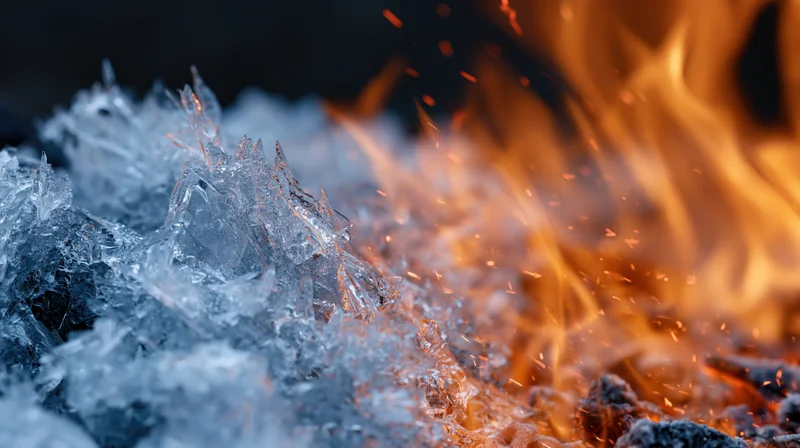 Jagged ice crystals meeting intense flames in a close-up view