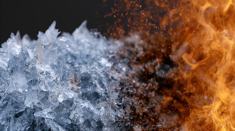 Ice crystals and jagged frost formations on the left meet flames and sparks on the right against a dark background