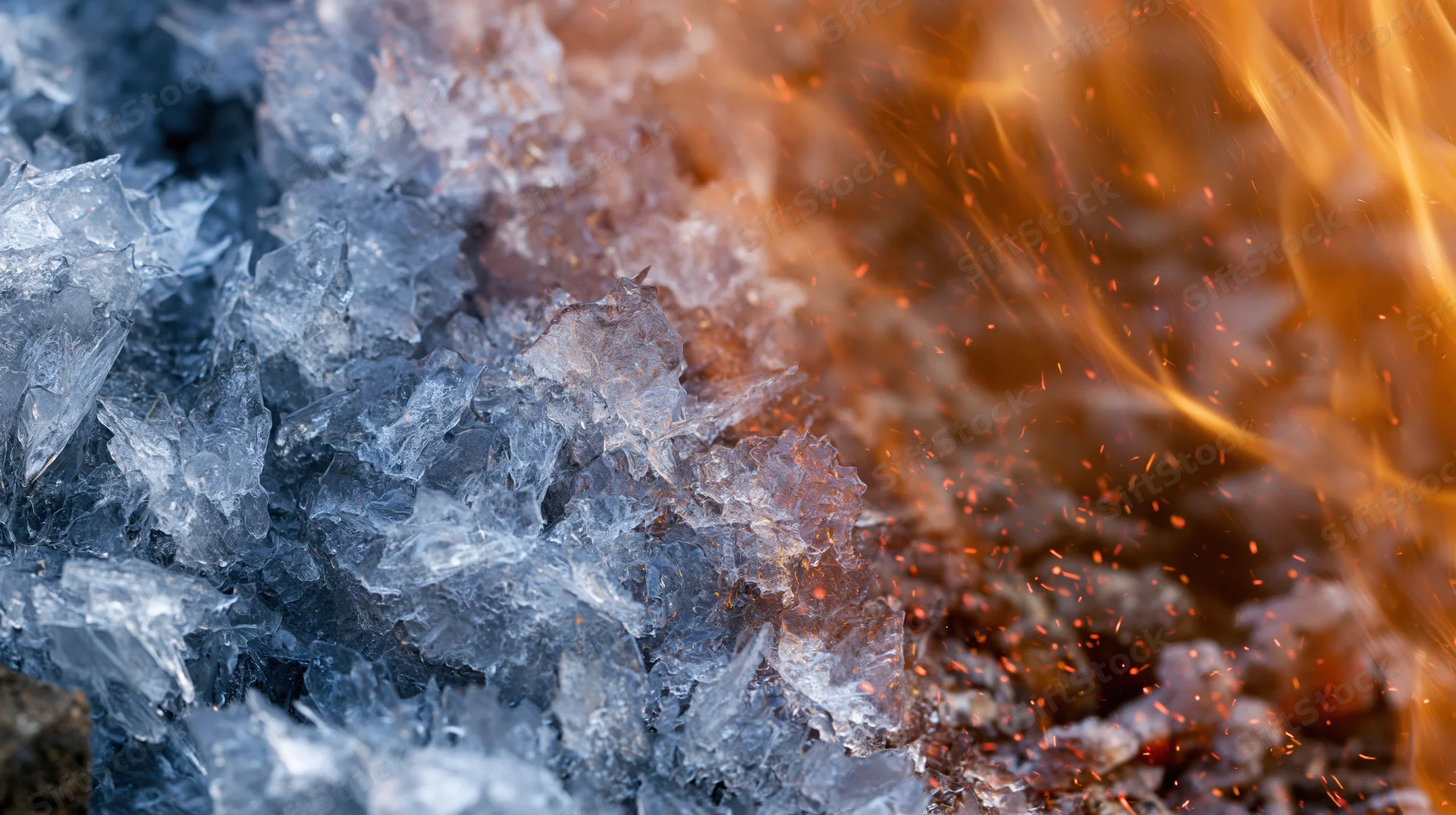 Ice crystals and jagged frost formations on the left half meet fiery flames and sparks on the right in a close-up elemental contrast