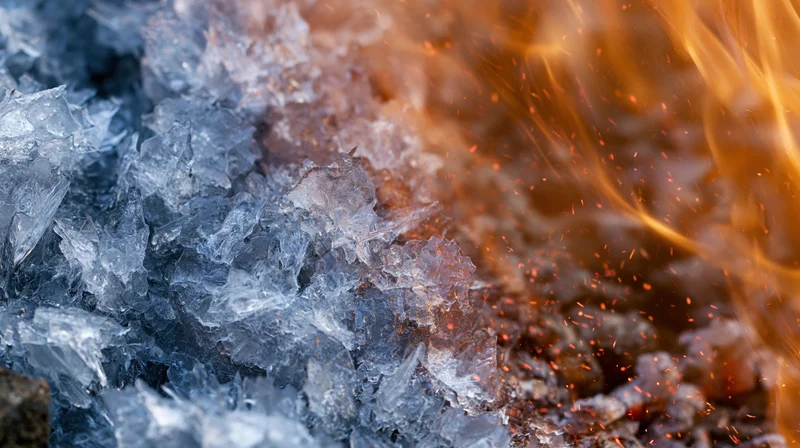 Ice crystals and jagged frost formations on the left half meet fiery flames and sparks on the right in a close-up elemental contrast