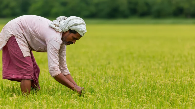 Indian male farmer tending young rice seedlings in a green field