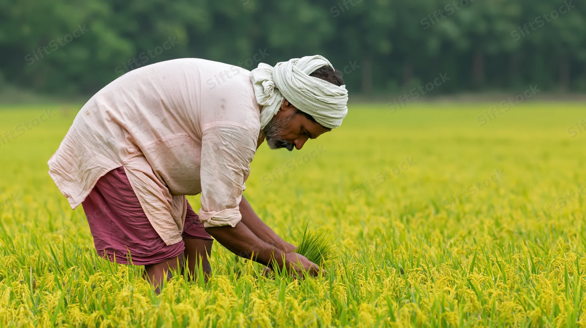 Man tending rice plants in a field