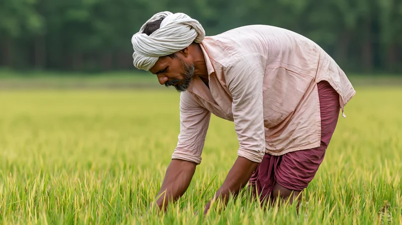 Indian male farmer tending young rice seedlings in a green field