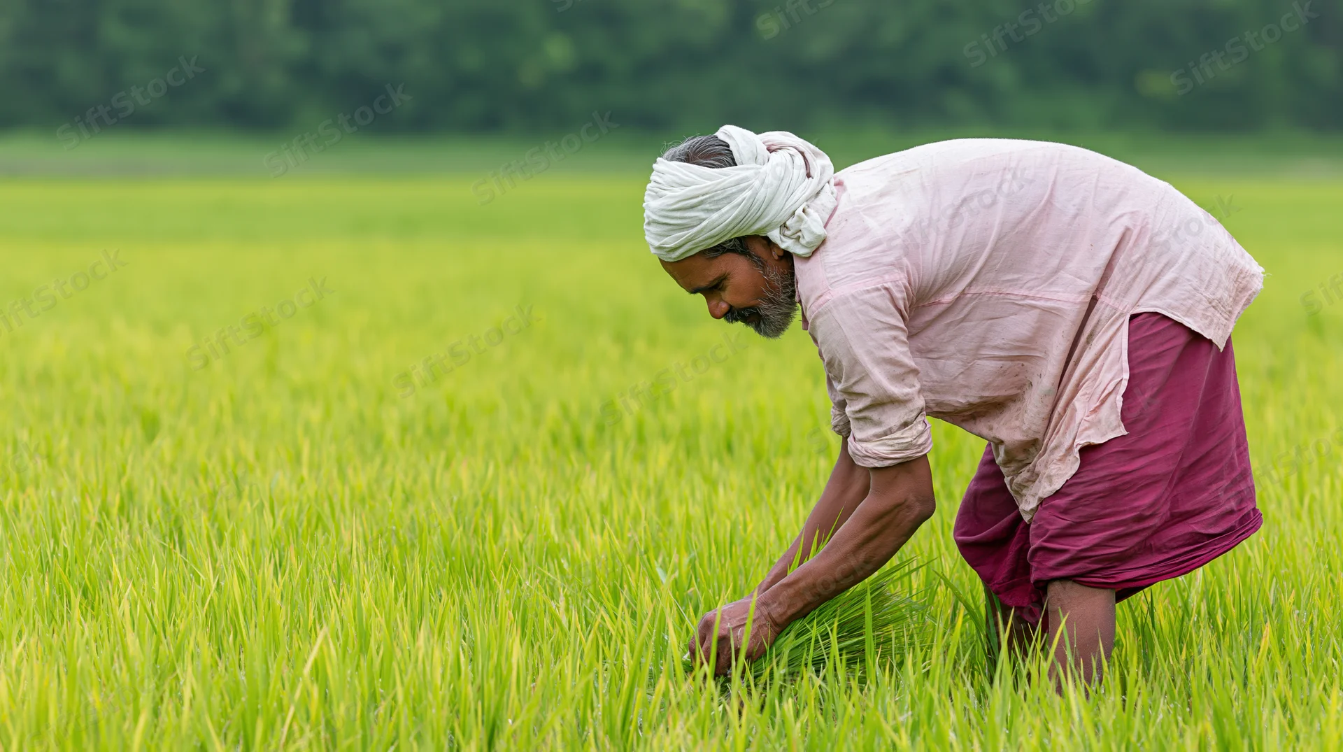 Indian male farmer tending young rice seedlings in a green field