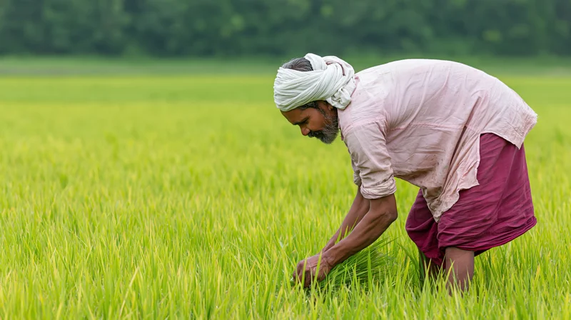 Indian male farmer tending young rice seedlings in a green field