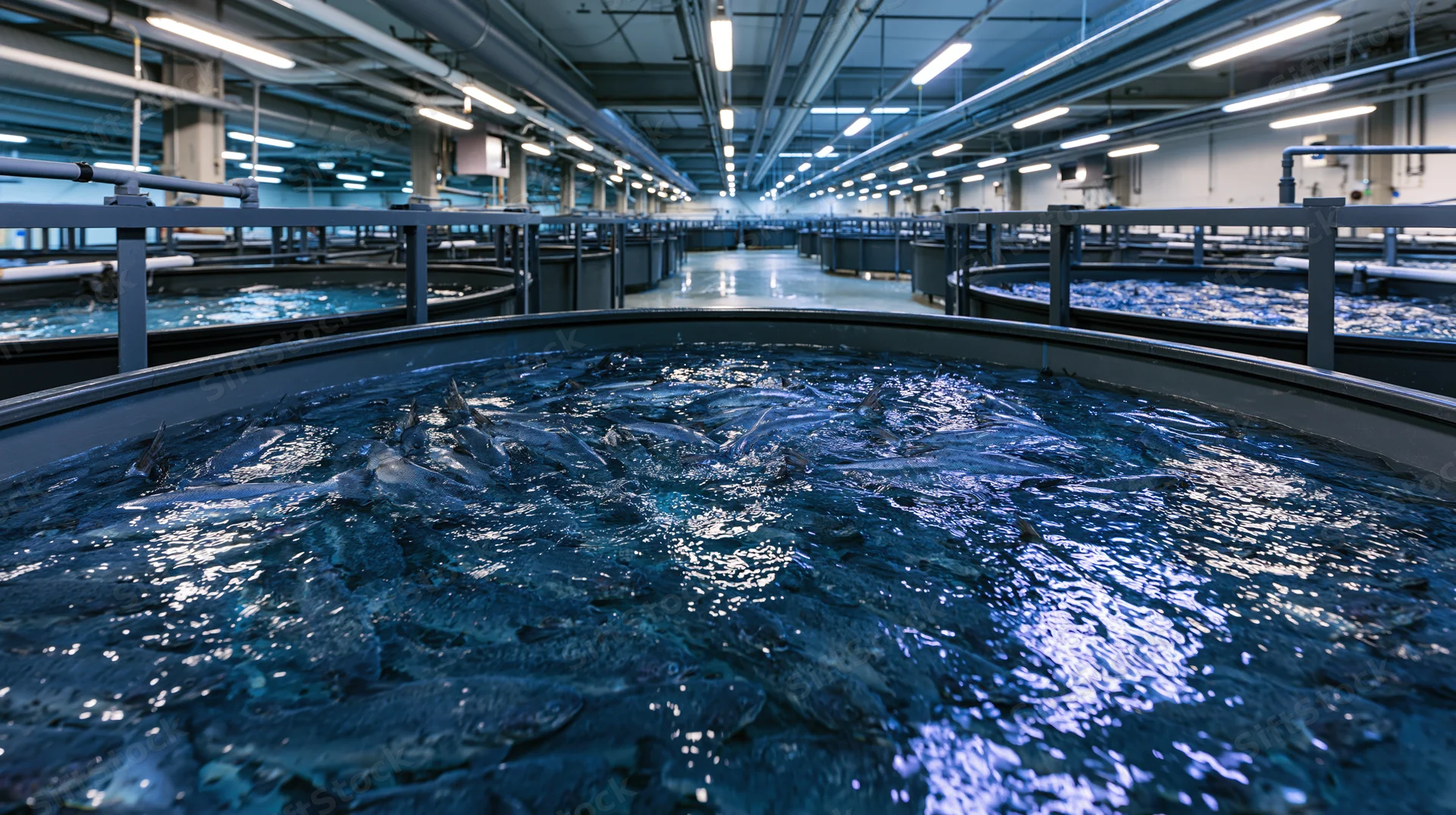 Fish swimming in circular tanks inside an indoor aquaculture facility