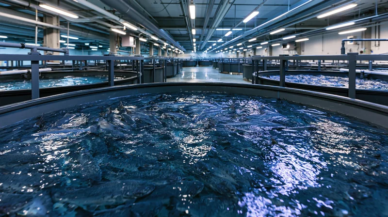 Fish swimming in circular tanks inside an indoor aquaculture facility