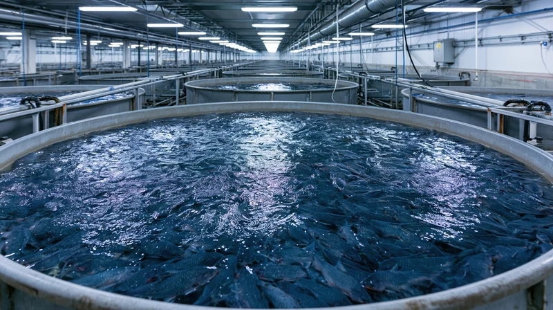 Rows of circular tanks filled with fish in an indoor aquaculture facility