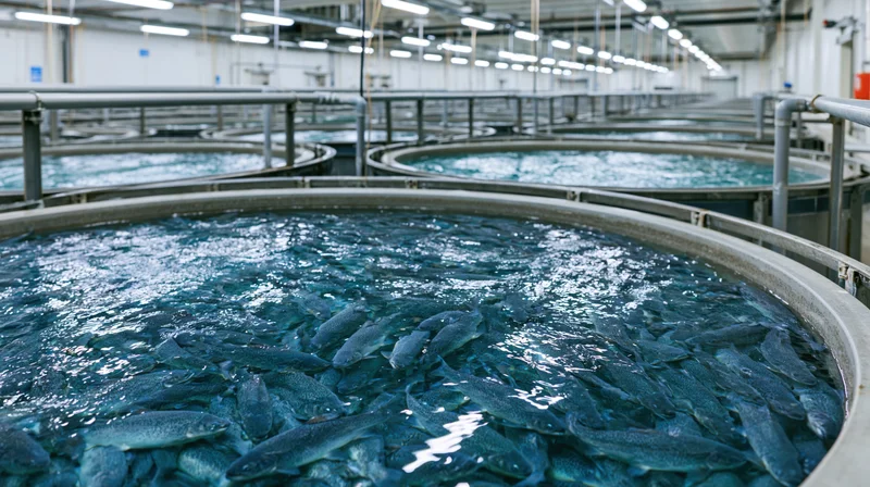 Salmon swimming in circular tanks inside an industrial aquaculture facility