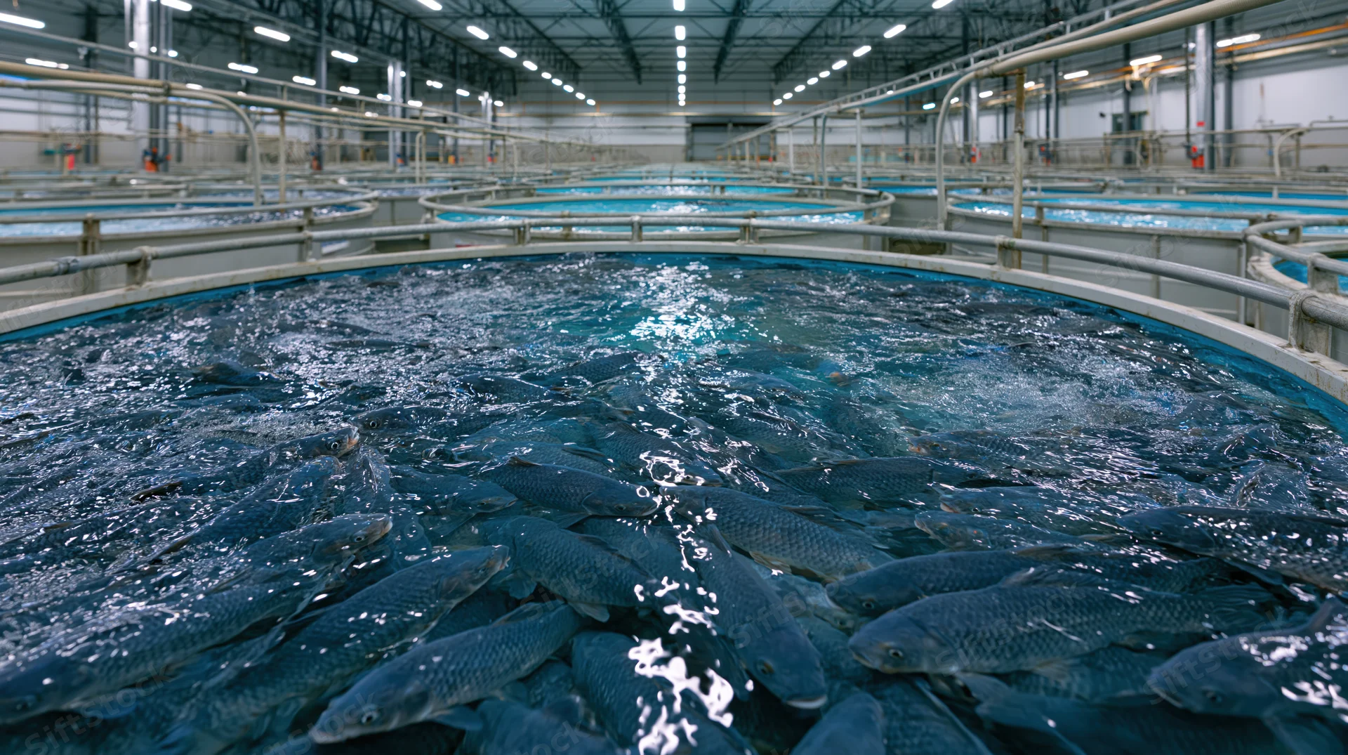 Fish swimming in circular tanks inside an indoor aquaculture facility