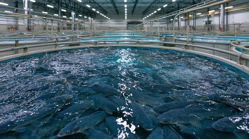 Fish swimming in circular tanks inside an indoor aquaculture facility