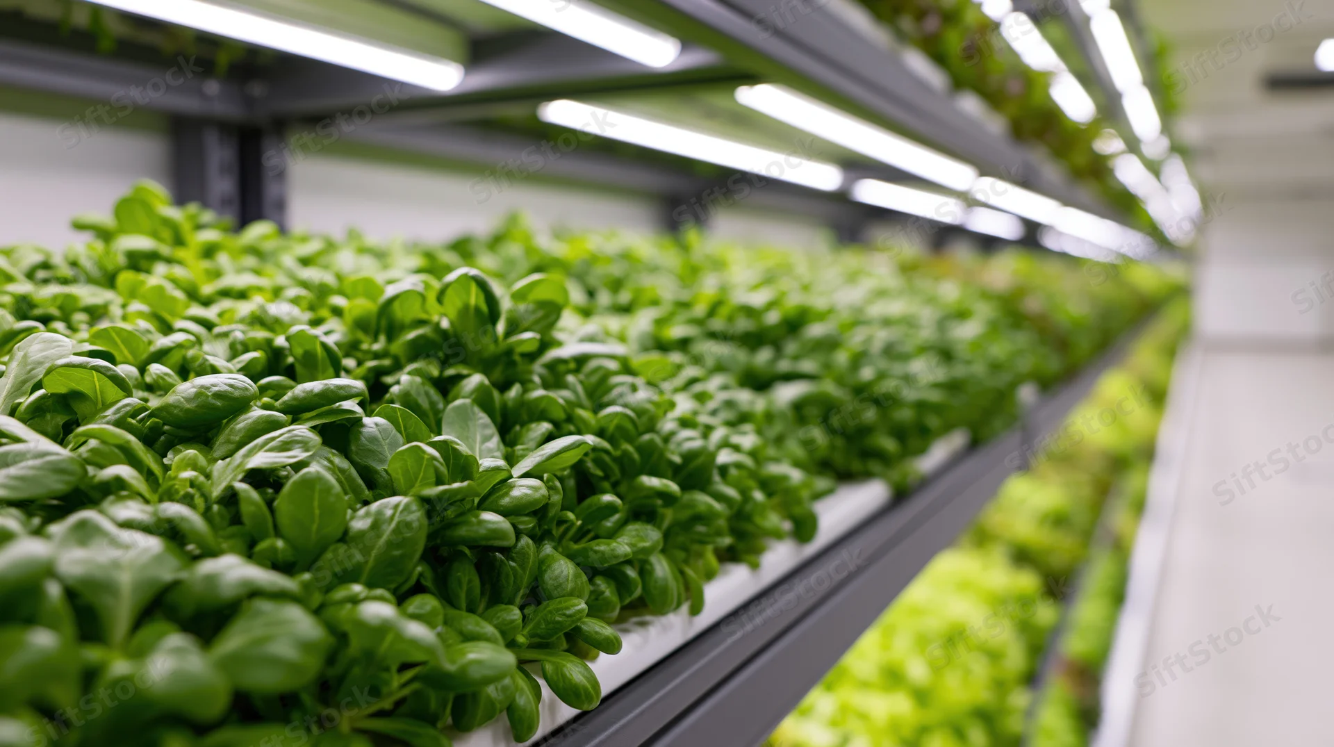 Rows of leafy greens growing under led lights in a vertical farm corridor