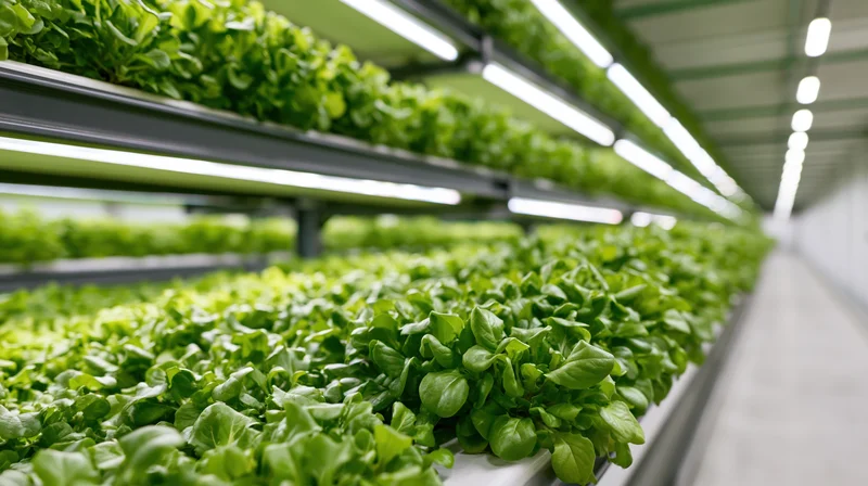 Rows of leafy green lettuce growing under led lights in a vertical farm corridor