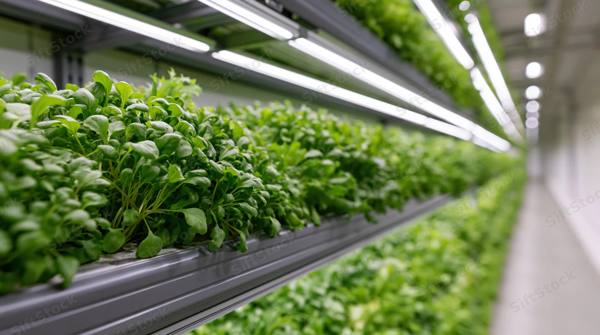Rows of leafy greens growing in vertical trays under led lights in a controlled indoor farm corridor