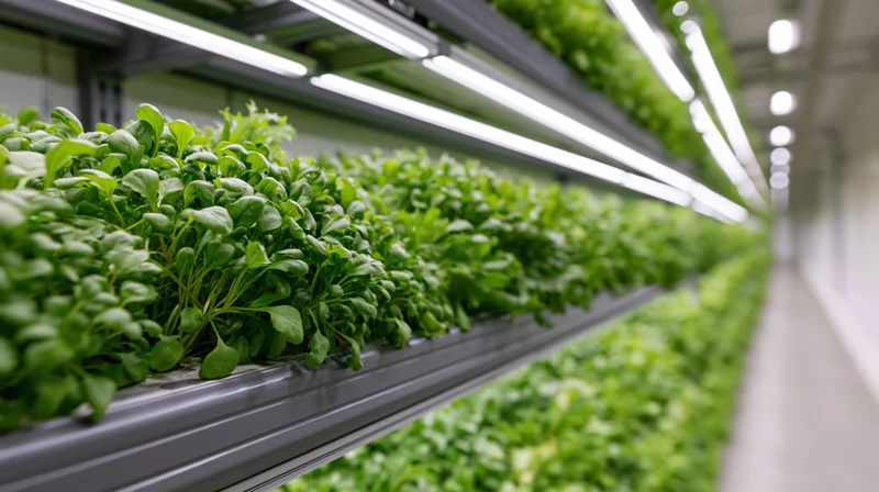 Rows of leafy greens growing in vertical trays under led lights in a controlled indoor farm corridor