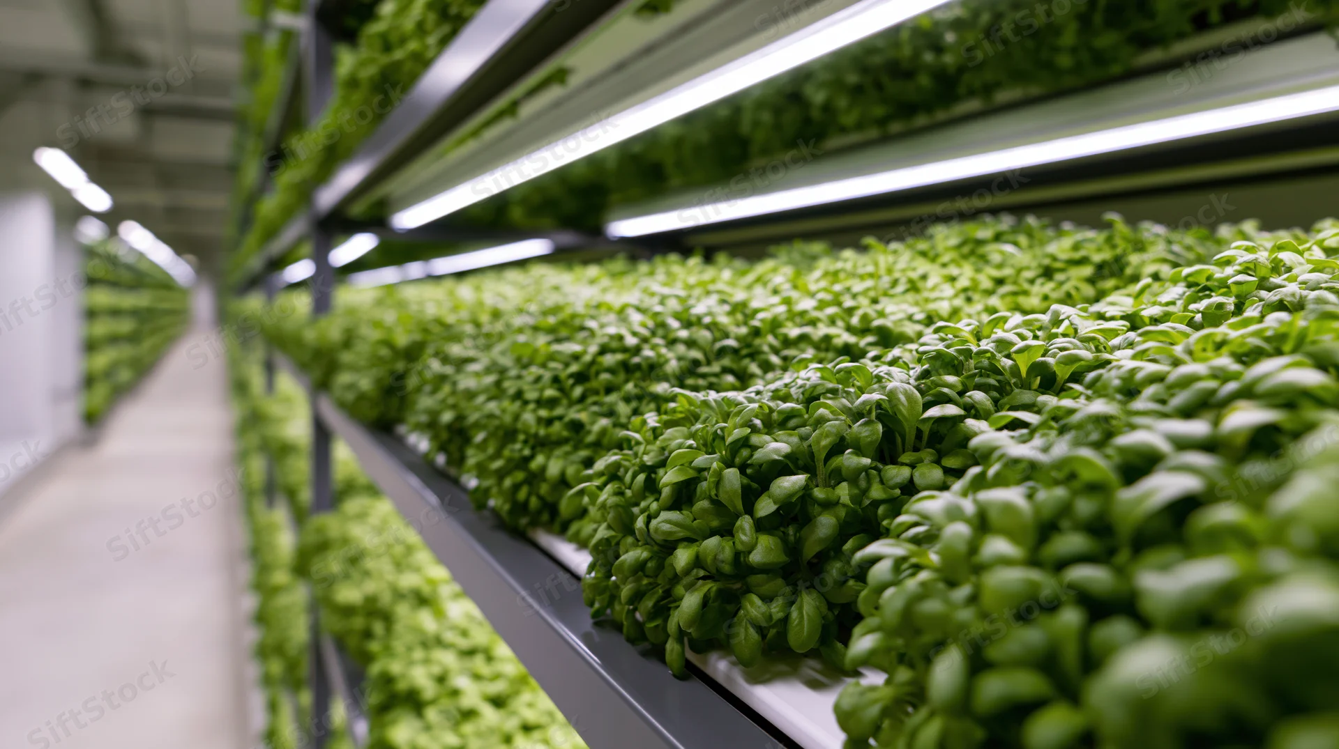 Rows of leafy greens growing on vertical shelves in an indoor farm corridor under led lighting