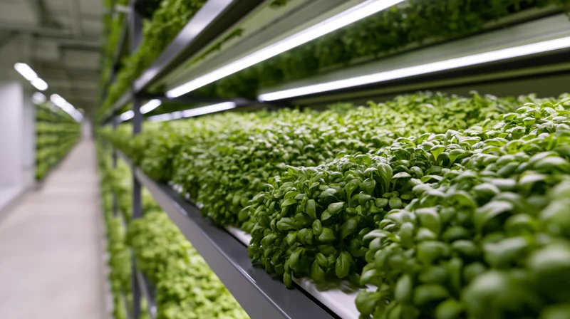 Rows of leafy greens growing on vertical shelves in an indoor farm corridor under led lighting