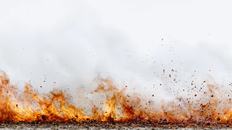 Intense fire flames burning along the bottom edge of the frame with smoke and sparks rising above asphalt surface