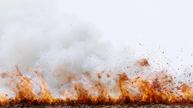 Intense fire flames burning along the bottom edge of the frame with white smoke rising above a gravel surface