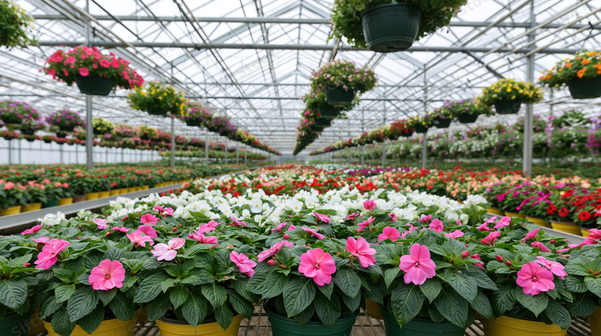 Rows of blooming flowers in pots arranged in a commercial greenhouse nursery