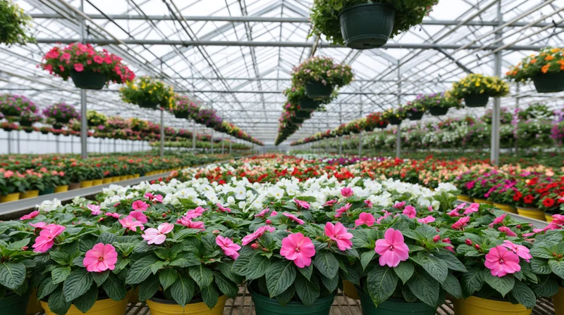 Rows of blooming flowers in pots arranged in a commercial greenhouse nursery