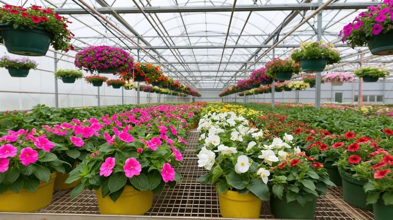 Rows of potted flowers in a commercial greenhouse nursery with hanging baskets and metal grid flooring