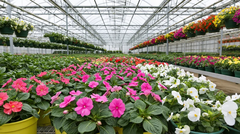 Rows of colorful impatiens in pots arranged in a commercial greenhouse nursery