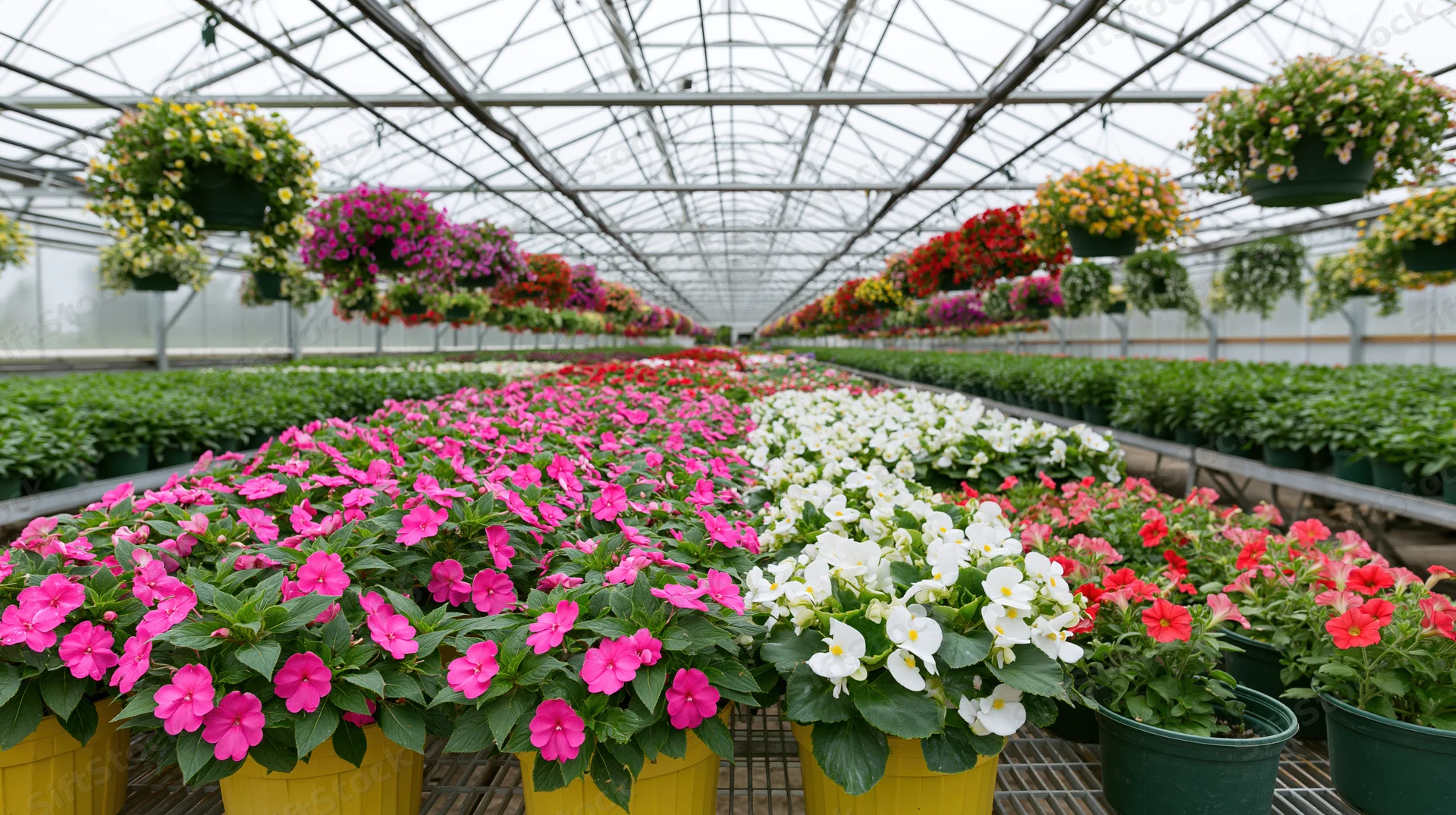 Rows of colorful flowering plants in pots arranged in a commercial greenhouse nursery