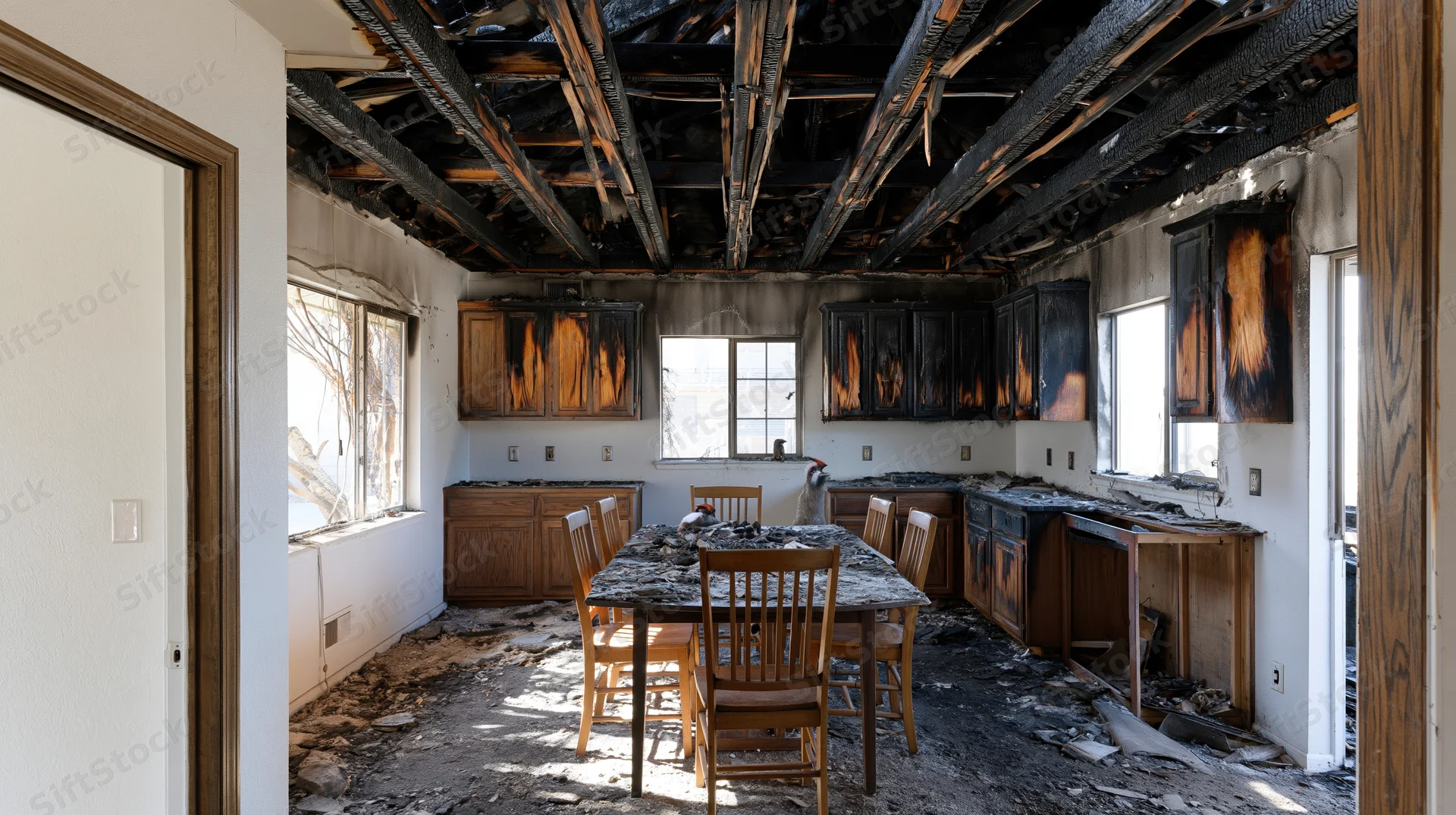 Fire-damaged kitchen and dining room interior with charred cabinets, collapsed ceiling, and debris on floor