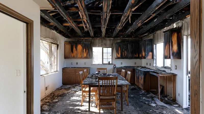 Fire-damaged kitchen and dining room interior with charred cabinets, collapsed ceiling, and debris on floor