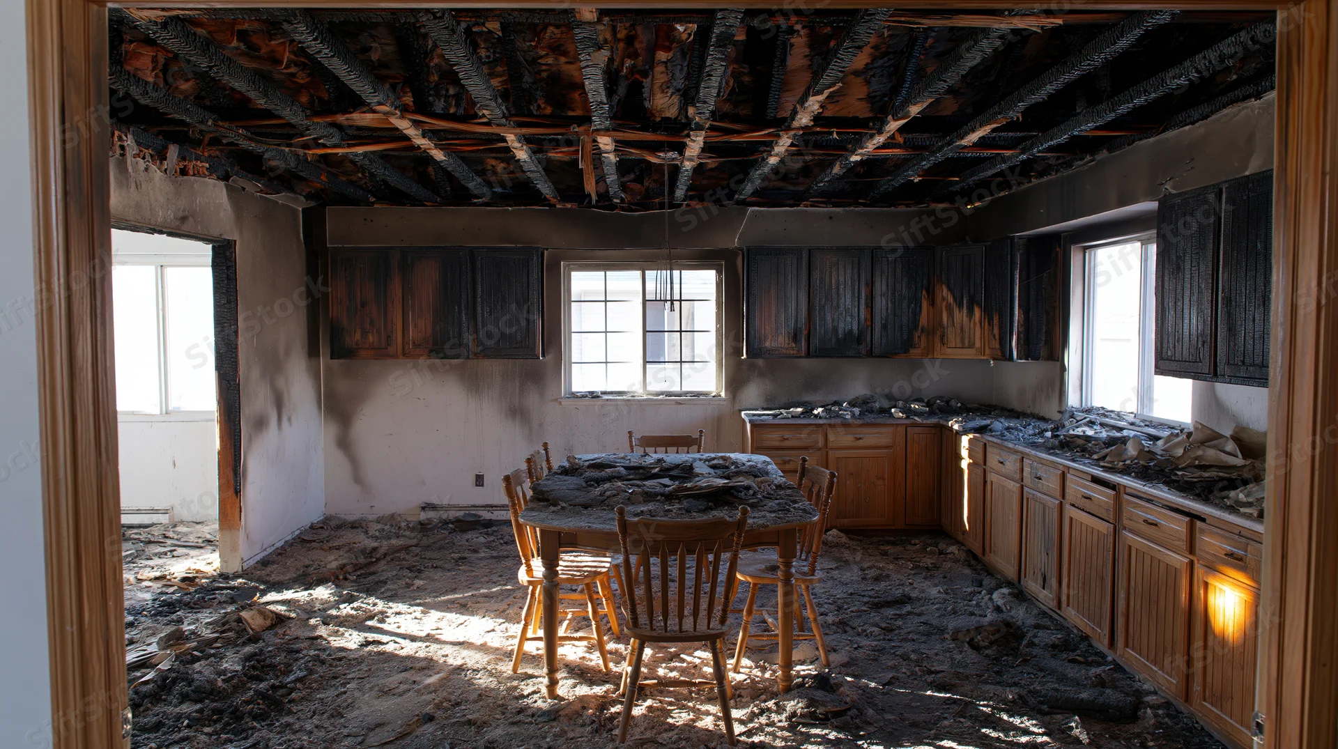 Fire-damaged kitchen and dining room interior with charred ceiling, cabinets, and debris on floor