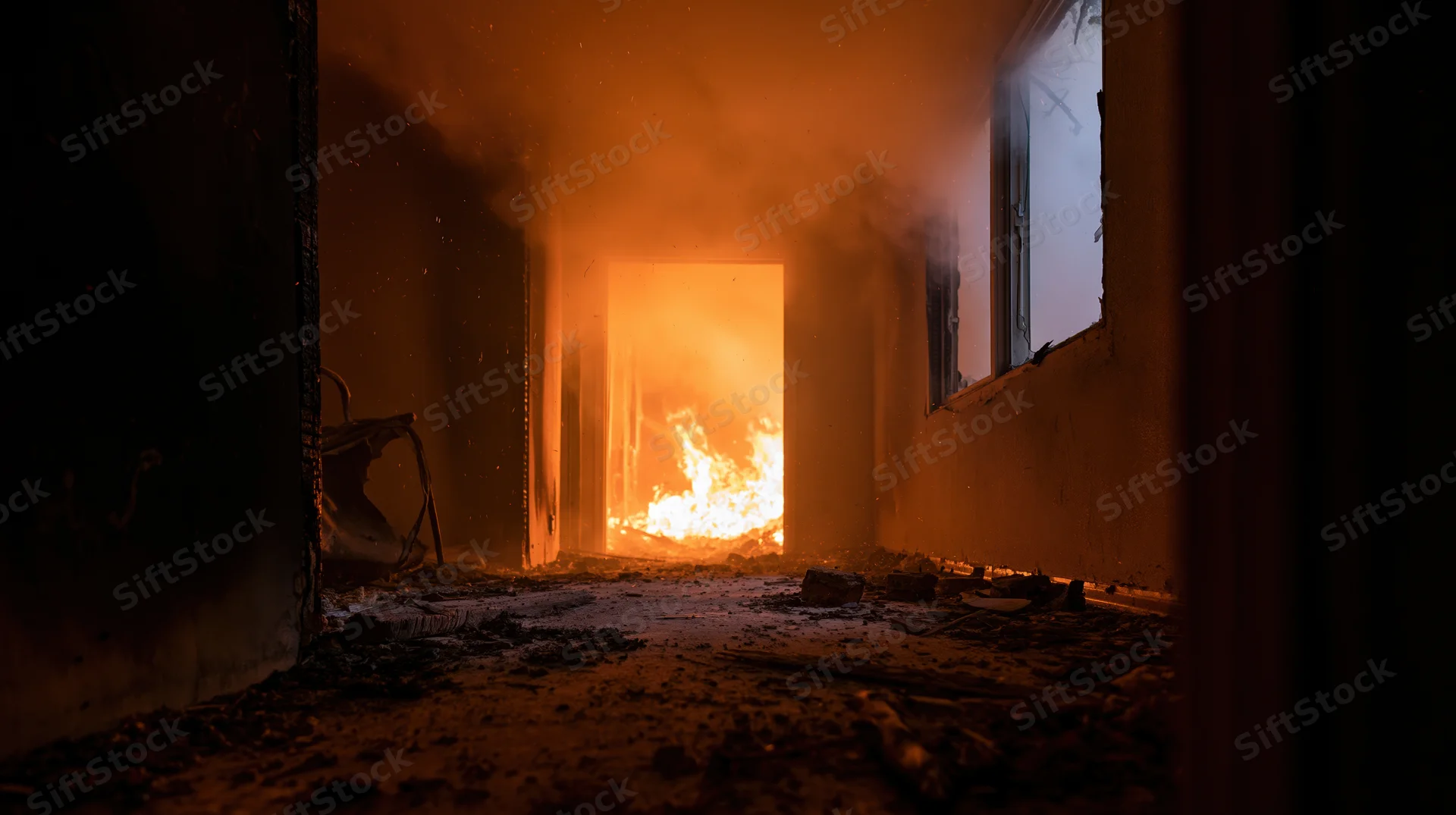 Flames burning through a doorway in a darkened house interior filled with smoke and debris