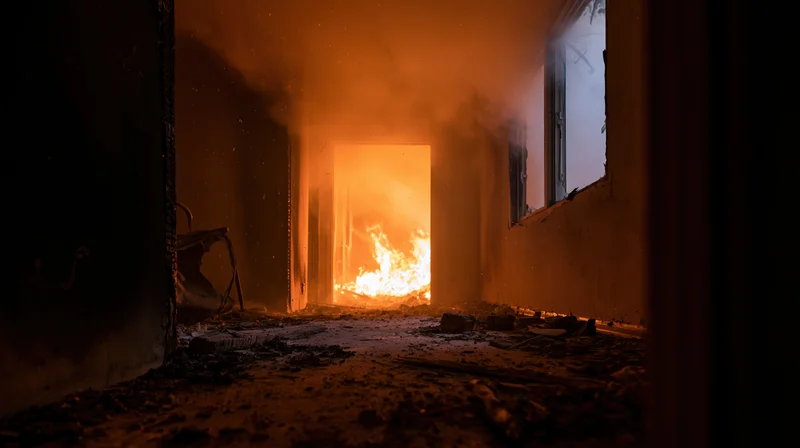Flames burning through a doorway in a darkened house interior filled with smoke and debris