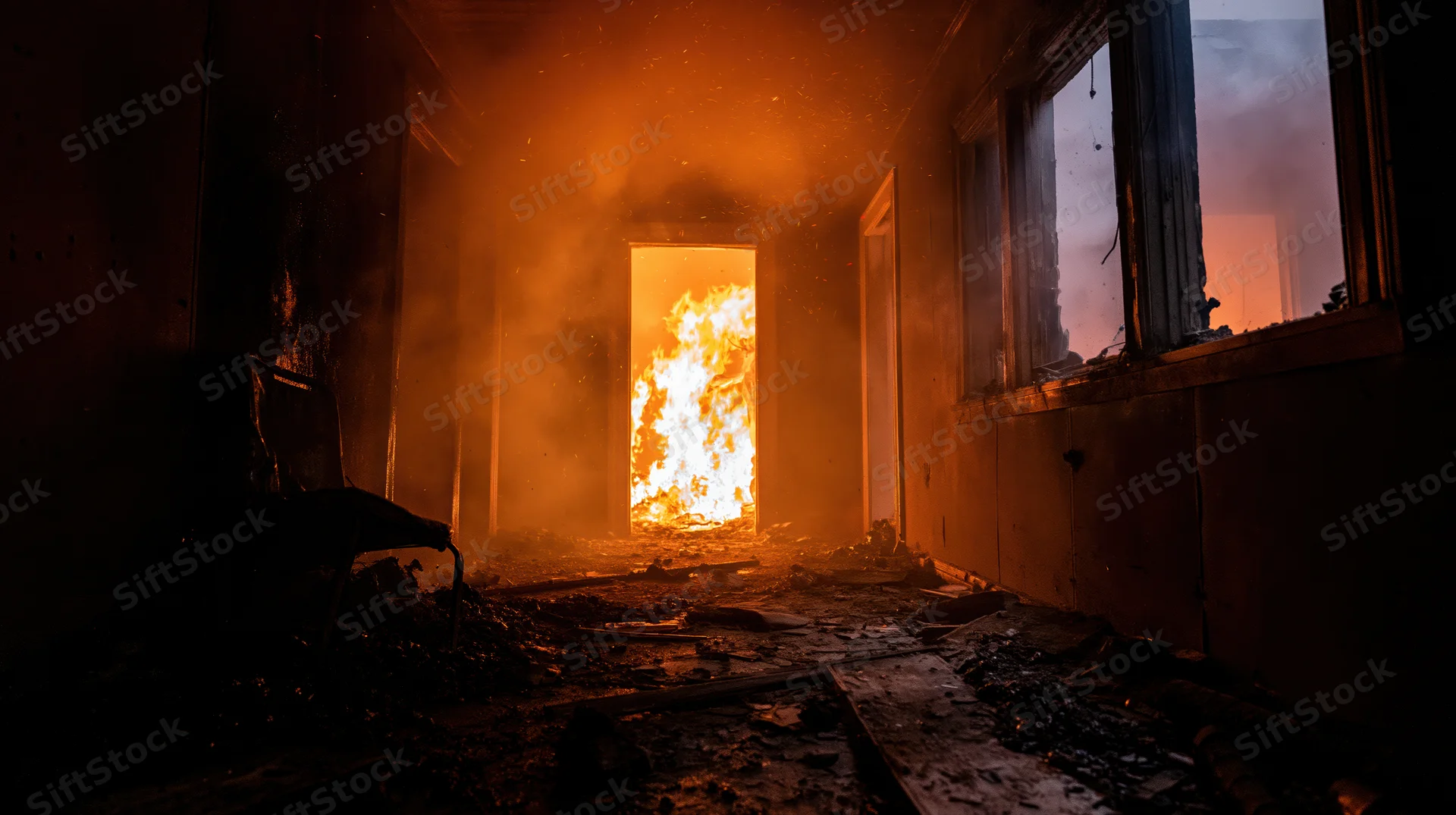 Flames burning intensely inside a house interior with smoke and debris visible through a doorway and broken window