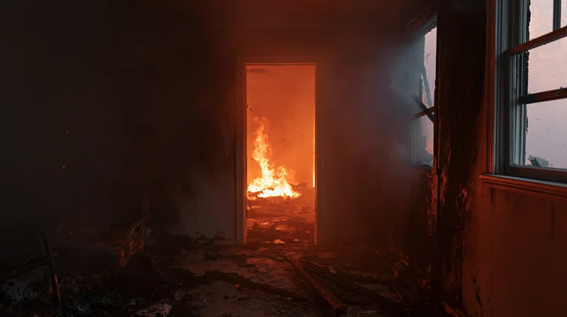 Flames burning through a doorway in a house interior with smoke and charred walls