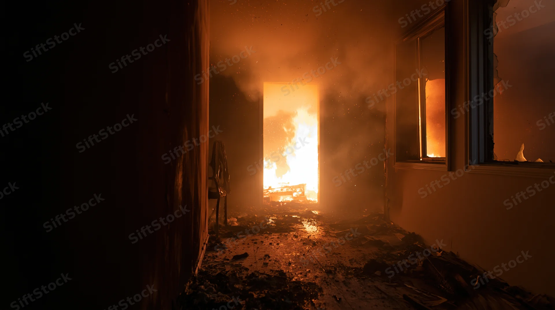 Flames burning through doorway and window in dark interior of damaged house
