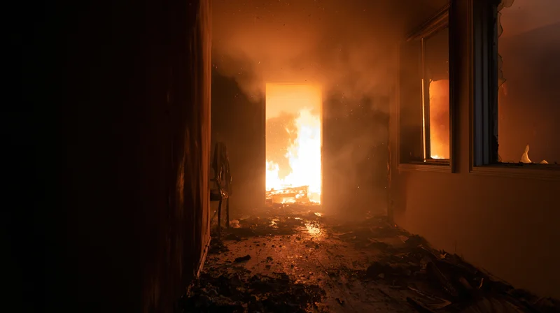 Flames burning through doorway and window in dark interior of damaged house