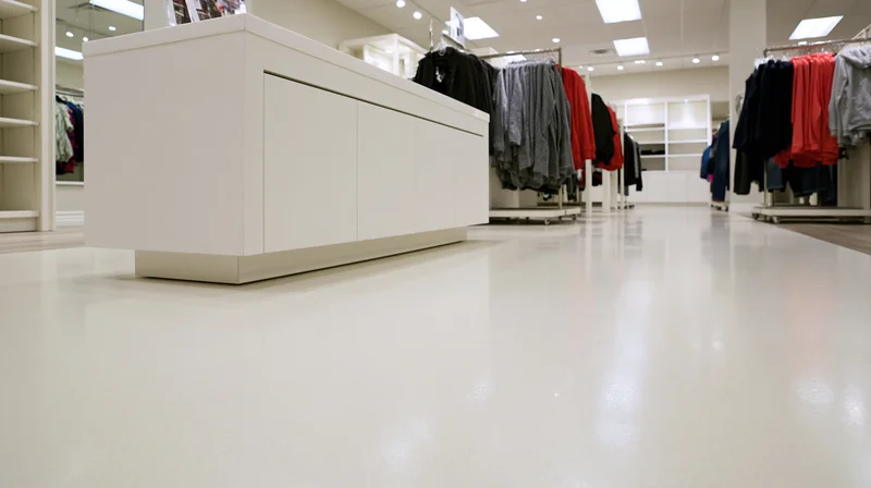 Empty clothing store interior with white display unit and racks of apparel along aisles