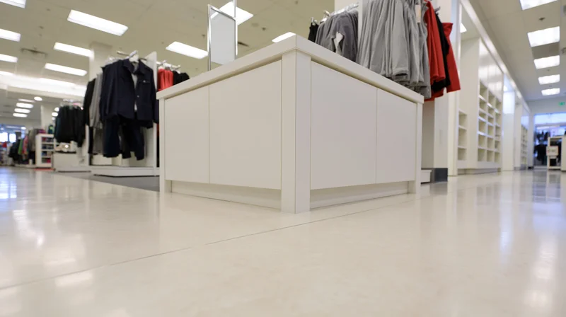 Empty clothing store interior with display racks and white tiled floor