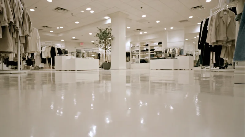 Wide view of a women's clothing boutique interior with white floors and racks of apparel