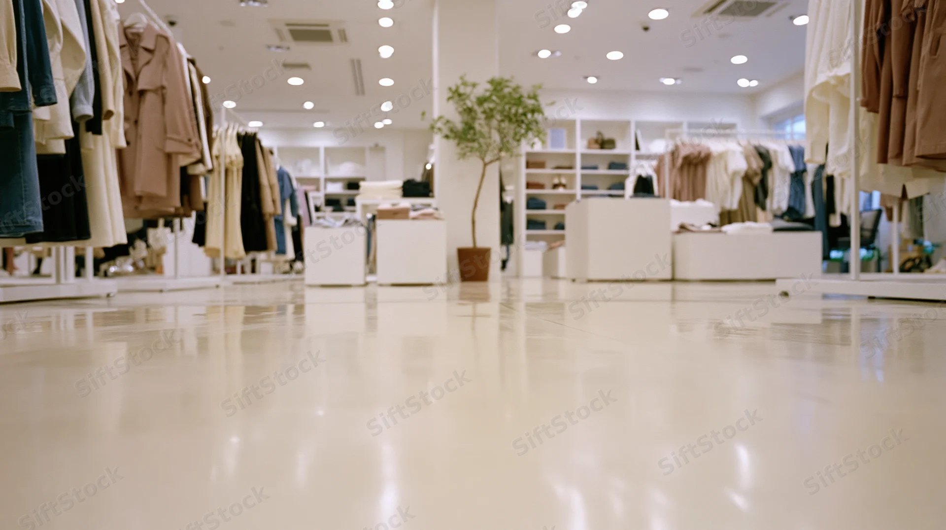 Low-angle view of a women's clothing boutique interior with racks of apparel and white tiled floor