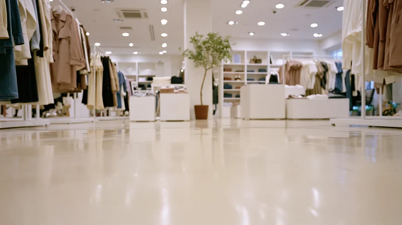 Low-angle view of a women's clothing boutique interior with racks of apparel and white tiled floor