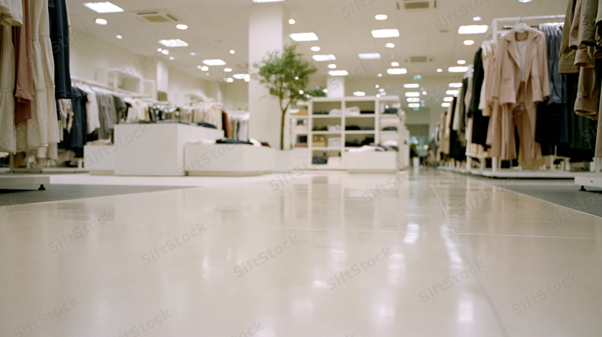 Wide view of a women's clothing boutique interior with racks of apparel and white tiled floor