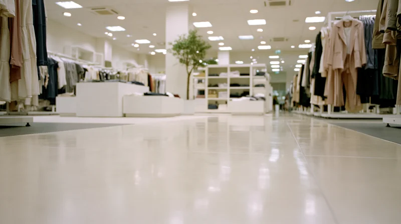 Wide view of a women's clothing boutique interior with racks of apparel and white tiled floor